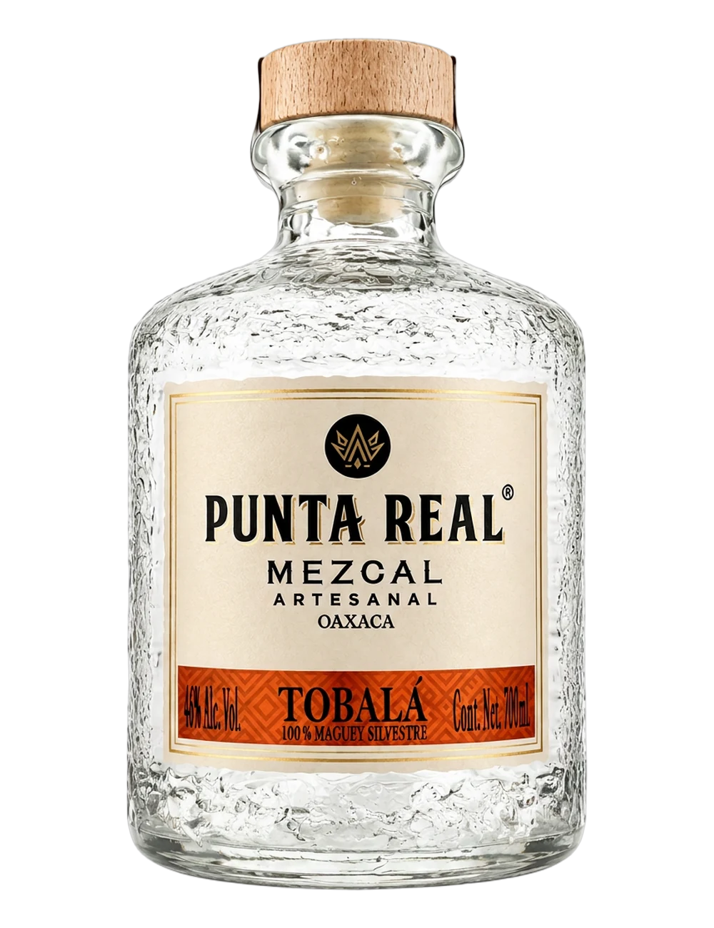 Botella oficial de Punta Real Mezcal Artesanal Tobalá, 100% maguey silvestre